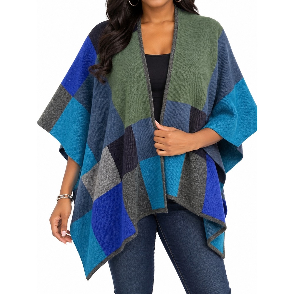 Coldwater Creek Womens Blue Green Colorblock Wool Blend Poncho Wrap Sweater